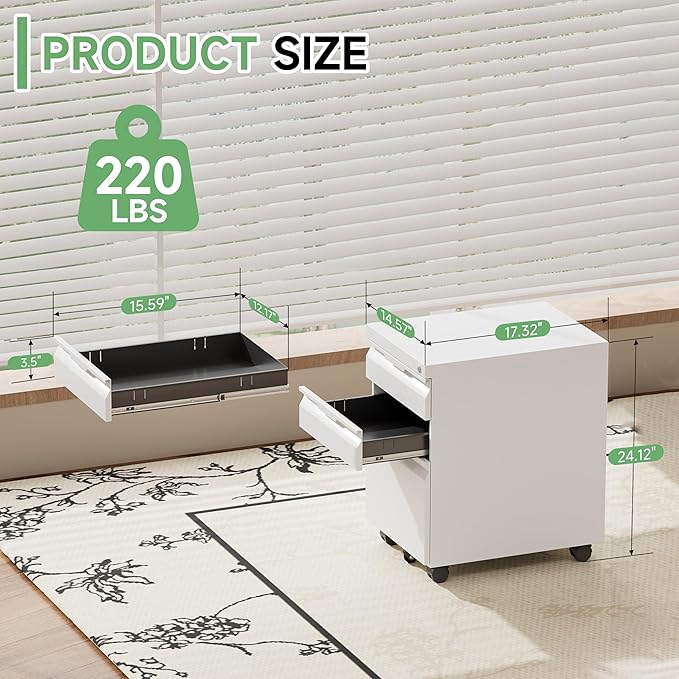 LONGLINK 3 Drawer Mobile File Cabinet with Lock,Under Desk Metal Filing Cabinets with Wheels for Home Office Organizer Letters/Legal/A4(Easy Assemble-White)