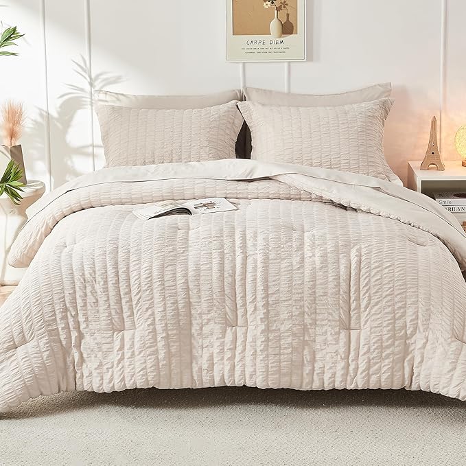 HYMOKEGE Beige Oversized Queen Comforter Set Seersucker 7 Pieces, All Season - Image 9