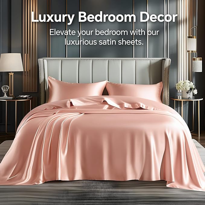 BEDELITE Satin Sheets Full Size Bed Set, Luxury Soft Coral Pink Silky Sheets - Image 2