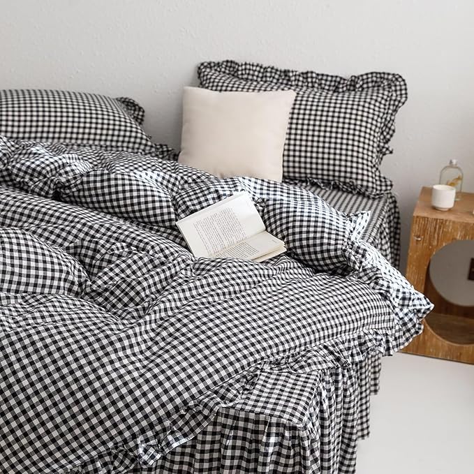 mixinni Black White Gingham Ruffle Duvet Cover Twin XL Size 3 Pieces – 100% - Image 5
