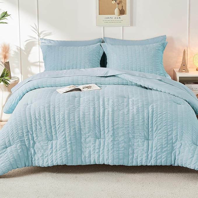 HYMOKEGE Lake Blue King Size Comforter Set Seersucker 7 Pieces, All Season - Image 9
