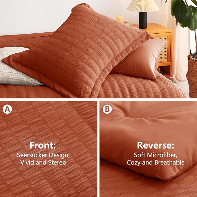 CozyLux Queen Comforter Set Burnt Orange Seersucker 7 Pieces Bed in a Bag Queen - Image 4