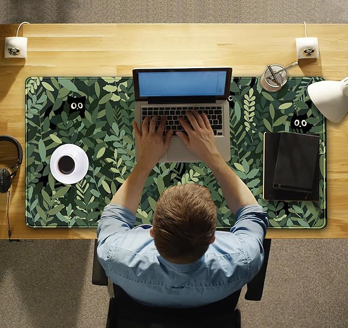 Cute Anime Cats Desk Mat Green Leaves Kawaii Mousepad XXL Extended Large Gaming Mouse Pad Cat, Aesthetic Extended Laptop Keyboard Mat Desk Pad for Women Office Gamer Girl Decor 31.5x15.75 in