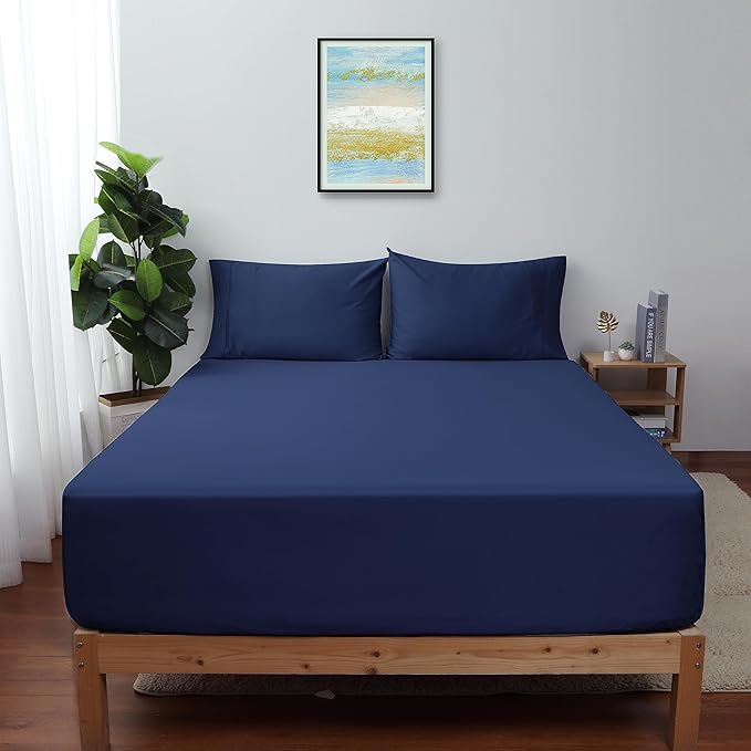 Twin Size Fitted Sheet Only Navy Blue, 100% Egyptian Cotton 600 Thread Count by ShunjieHome