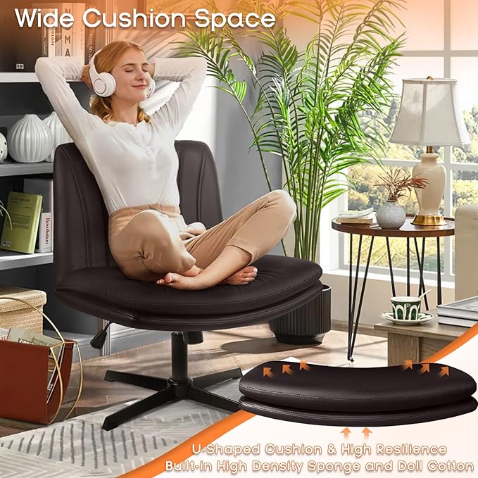 PUKAMI Criss Cross Legged Office Chair,Armless Office Desk Chair No Wheels,PU Leather Modern Swivel Vanity Chair,Height Adjustable Wide Seat Mid Back Computer Task Chair for Home Office, Brown