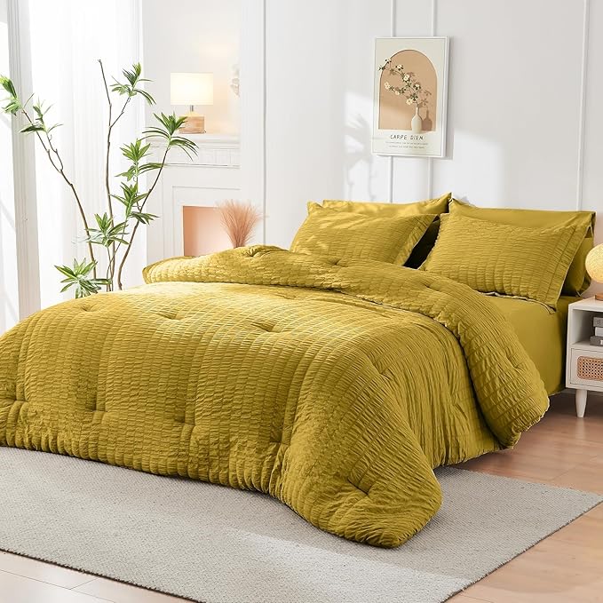 HYMOKEGE Mustard Yellow King Size Comforter Set Seersucker 7 Pieces, All Season - Image 8