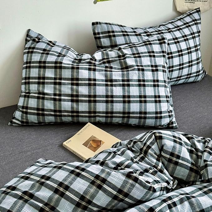 mixinni Vintage Grey & Pale Blue Buffalo Plaid Duvet Cover Set Twin XL Size - Image 5