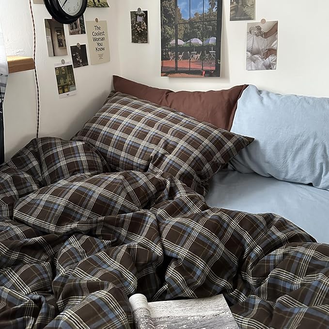 mixinni Vintage Brown & Blue Buffalo Plaid Duvet Cover Set Twin XL Size - Image 3