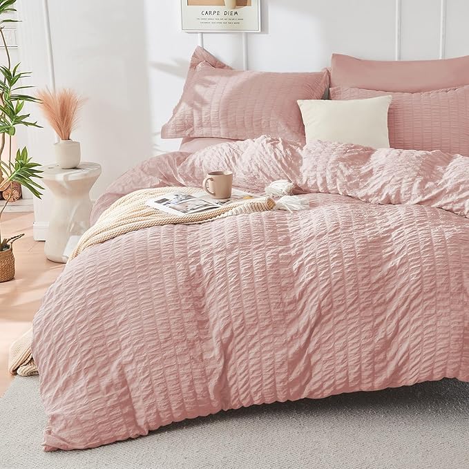 HYMOKEGE Rose Gold Twin Comforter Set Seersucker 5 Pieces, All Season Luxury - Image 2