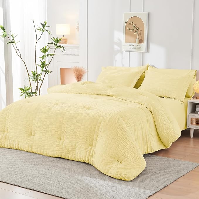 HYMOKEGE Yellow Twin Comforter Set Seersucker 5 Pieces, All Season Luxury Bed - Image 8