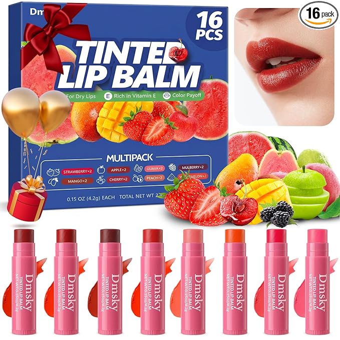 Dmsky 16 Pack Fruity Tinted Lip Balm Bulk, 3-In-1 Moisture, Repair and Color by DMSKY