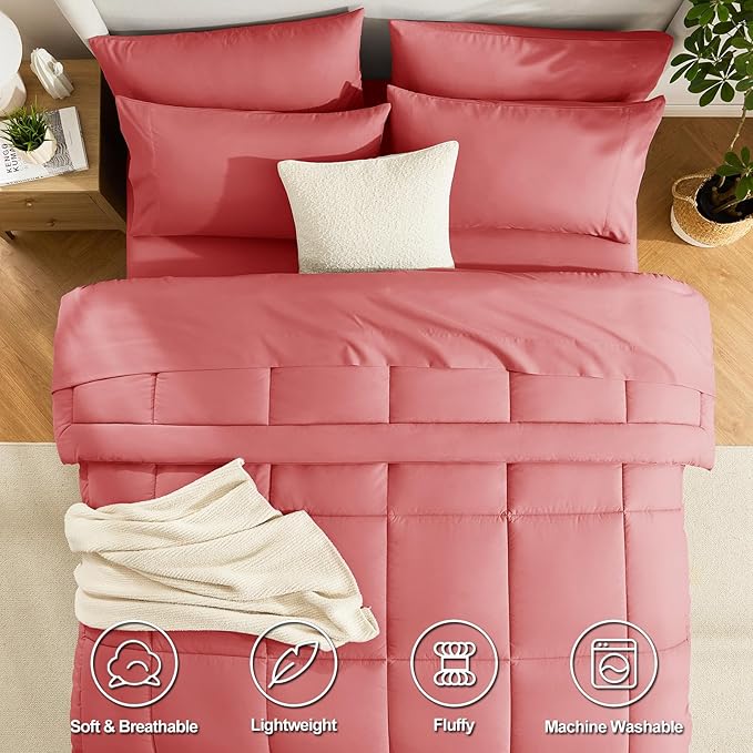 CozyLux King Size Comforter Set Coral, 7 Pieces Bed in a Bag, Coral Comforter - Image 2