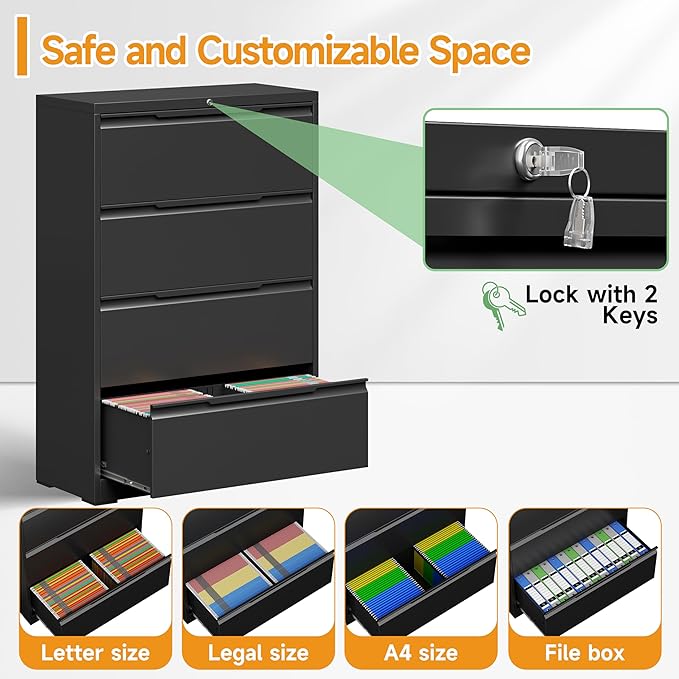 LONGLINK 4 Drawer Lateral File Cabinets with Lock,Metal Filing Cabinet for Home Office,Wide Office Storage Cabinet with Hanging Bars for A4 Legal/Letter Size(Easy Assembly)