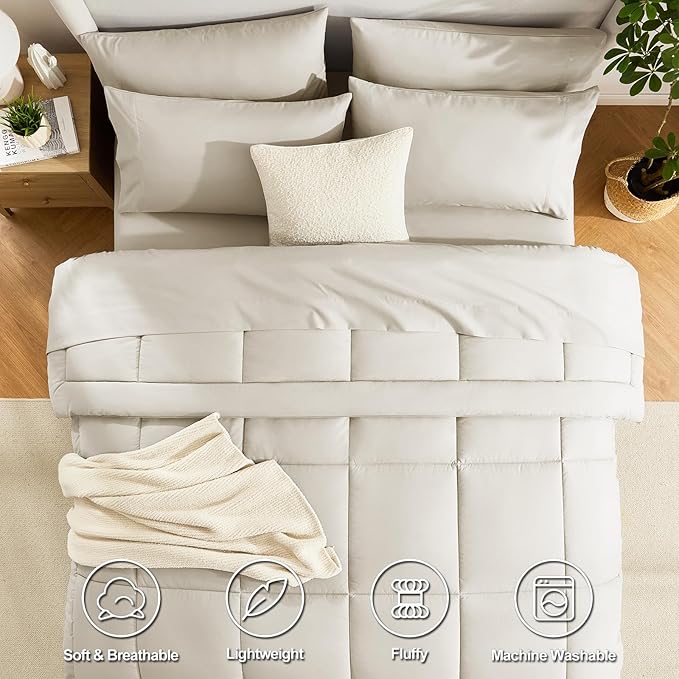 CozyLux Queen Comforter Set Oatmeal, 7 Pieces Bed in a Bag, Oatmeal Comforters - Image 2
