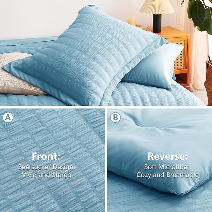 CozyLux King Size Comforter Set Sky Blue Seersucker 7 Pieces Bed in a Bag King - Image 4