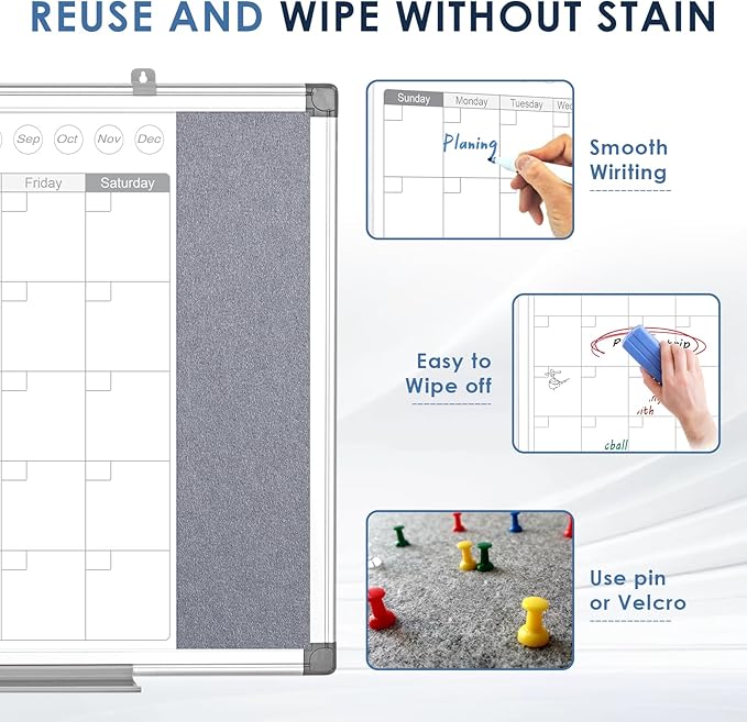 MAKELLO Dry Erase Calendar for Wall 24" x 18", Whiteboard Calendar and Grey Felt Board Combo for Office Home School