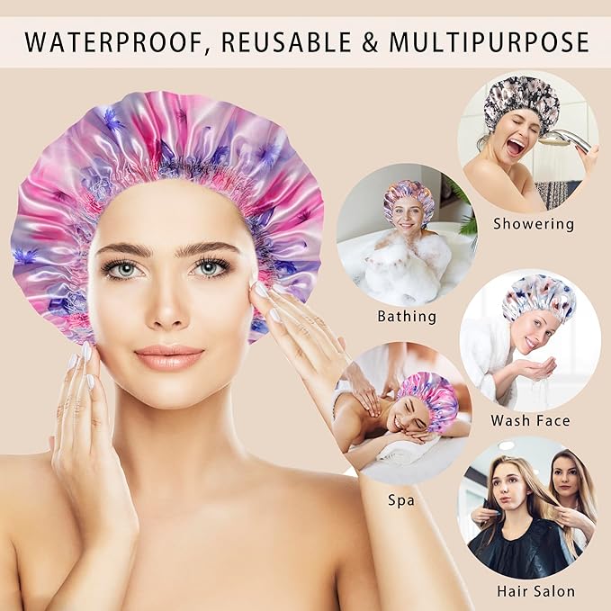 4 PCS Shower Caps for Women, Printing Bath Caps, Double Layers Shower Cap - Image 3