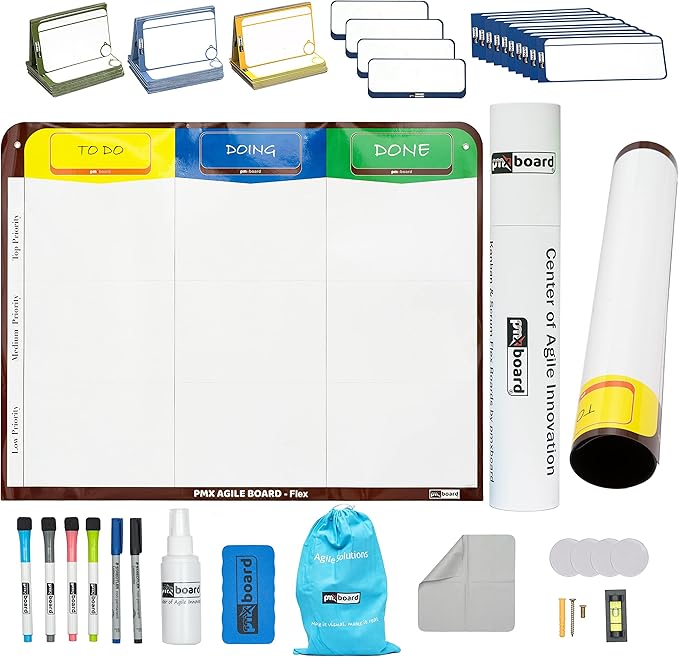 PMXBOARD 3 Column Magnetic Kanban Board, Scrum Board Flex Whiteboard Kit. Agile Kit, 47 Magnetic Kanban Cards, Scrum Cards Set. Project Management Board for Project Planning, Kanban Whiteboard Kit
