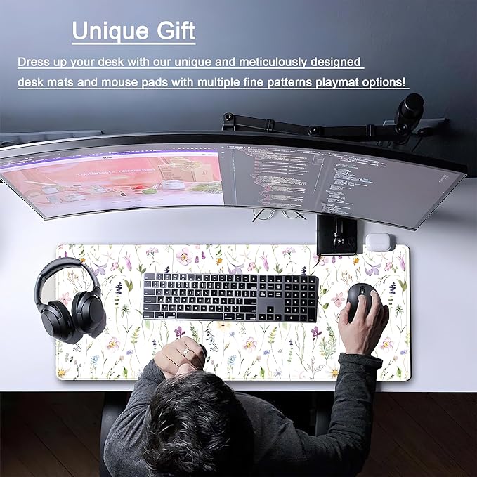 White Floral Desk Mat Cute Flowers Desk Pad Aesthetic Sage Mouse Pad XL Large Mousepad Desk Matt for Desktop, Laptop Pad Mat Keyboard and Mouse Mat for Women Office Decor Accessories 31.5x11.8 in