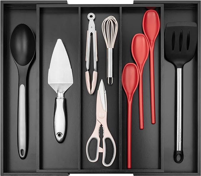 Purawood Kitchen Drawer Organizer - Expandable Utensil Organizer for Kitchen, Cutlery Tray & Silverware Organizer, 3-5 Slots - Bamboo Drawer Organizer for Utensils & Flatware (Black)