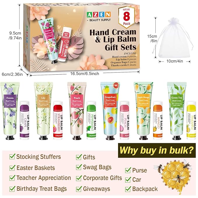 AZEN 8 Sets Bulk Gifts, Hand Cream and Lip Balm Bulk Set - Image 6
