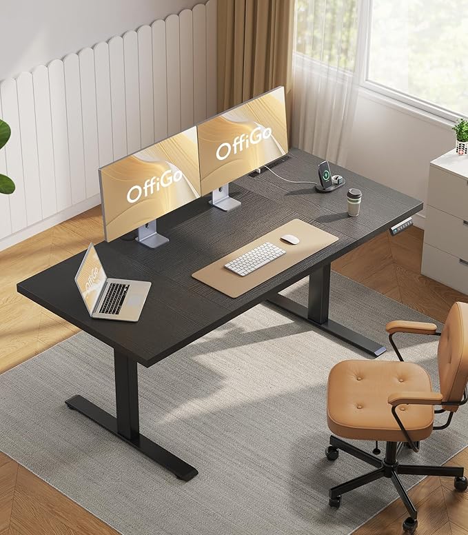 OffiGo 71 Inch Executive Electric Standing Desk, Height Adjustable Desk with Power Outlet & 1.38" Thick 3-Piece Desktop, Sit Stand Computer Desk for Home, Office, Conference Room, Black