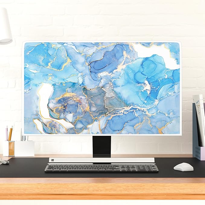 Baocicco Baby Blue Gold Marble Waterproof Computer Monitor Dust Cover 26, 27, 28 Inch Modern Monitor Accessories Laptop TV LCD Fashion Screen Monitor Decoration for Tablet Home Office Computer