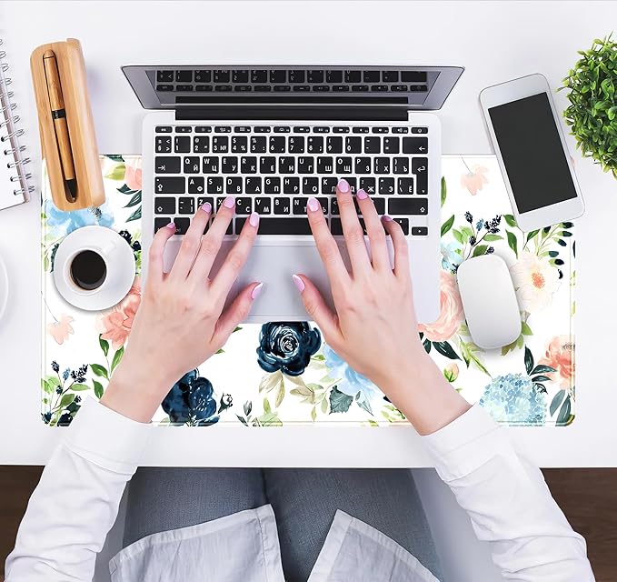 Pink Blue Floral Desk Mat Mousepad Cute Flowers Mouse Pad Gaming XL Large Extended Desk Pad Desk Matt for Desktop, Computer Laptop Keyboard Mouse Mat for Women Office Decor Accessories 31.5x15.7 in