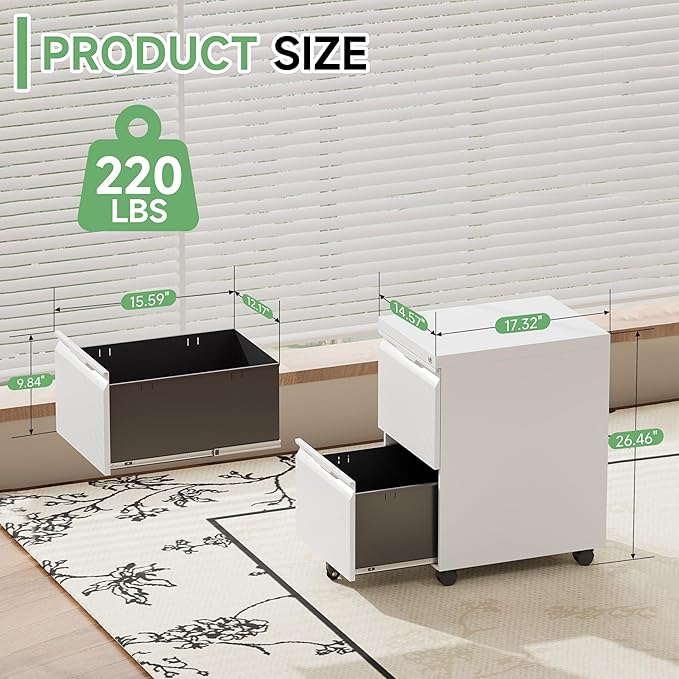 LONGLINK 2 Drawer Mobile File Cabinet with Lock,Under Desk Metal Filing Cabinets with Wheels for Home Office Organizer Letters/Legal/A4(Easy Assemble-White)