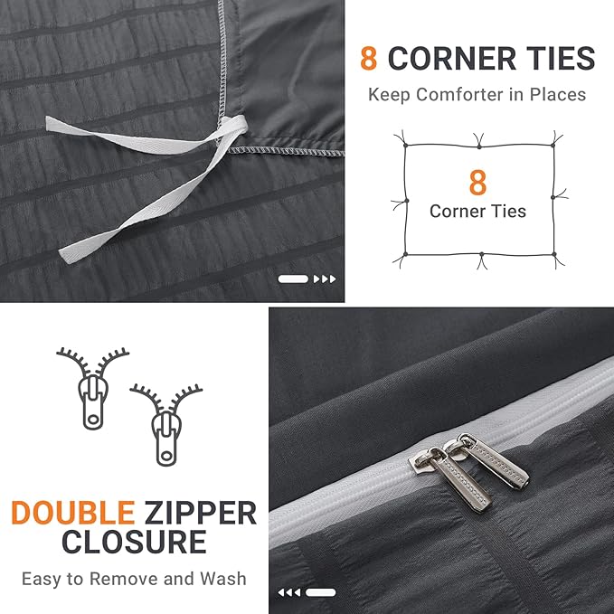 HYMOKEGE Dark Grey Duvet Cover Queen Size, Ultra Soft 3-Piece Seersucker Duvet - Image 5