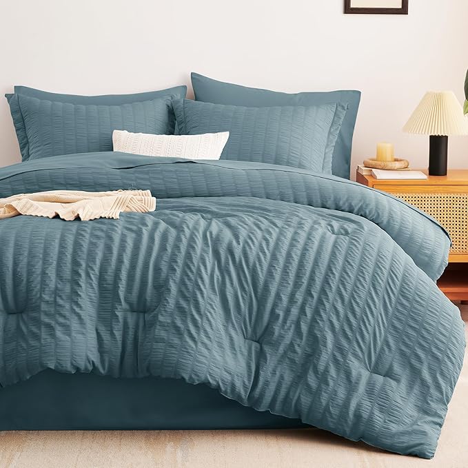 CozyLux Queen Comforter Set Mineral Blue Seersucker 7 Pieces Bed in a Bag Queen - Image 9