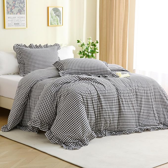 Silnuo Black/White Checkered Ruffle 3-Piece Duvet Cover Set Full Size, Washed by Silnuo