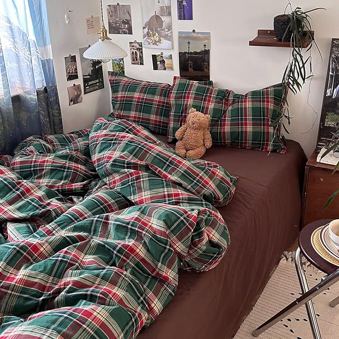 mixinni Vintage Green Buffalo Plaid Washed Cotton Duvet Cover King - Image 7
