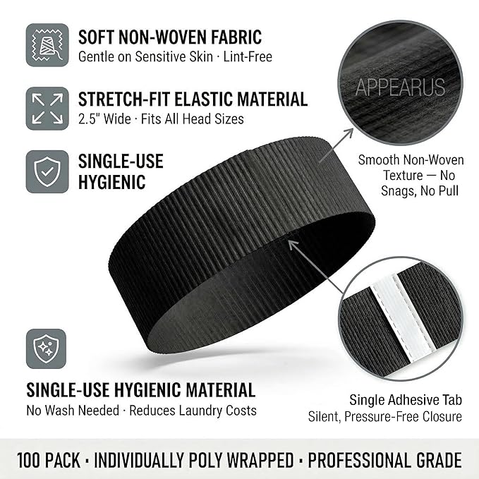 APPEARUS Disposable Stretch Facial Headbands, Snag-Free Adhesive Tab Closure - Image 2