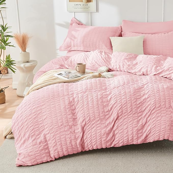 HYMOKEGE Pink Twin Size Duvet Cover, Ultra Soft 2-Piece Seersucker Duvet Cover by HYMOKEGE