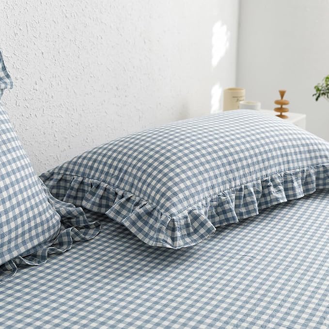 mixinni Blue White Gingham Ruffle Duvet Cover Twin Size 3 Pieces – 100% Washed - Image 7