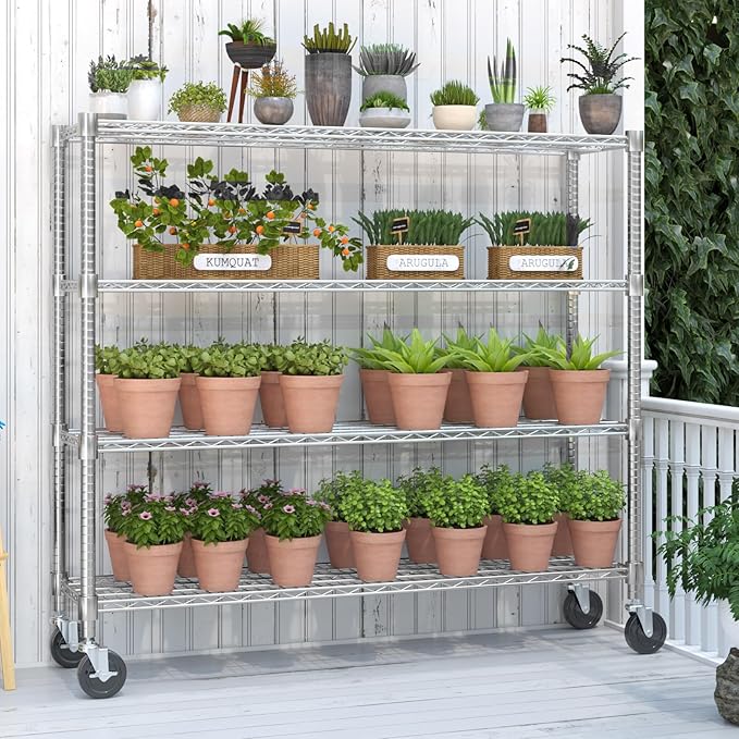 Homdox 4 Tier Heavy Duty Metal Wire Shelving with Wheels, 2400 lbs Capacity Garage Storage Rack, Rolling Industrial Storage, Adjustable Commercial Shelves for Kitchen, Warehouse, 18"x60"x72", Chrome