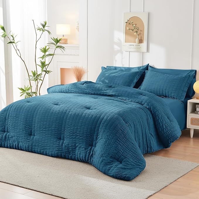 HYMOKEGE Teal Queen Comforter Set Seersucker 7 Pieces, All Season Luxury Bed in - Image 8