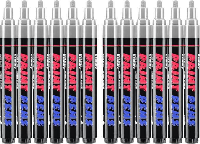 Craiiby Silver Paint Pens Paint Markers - 12 Pack Permanent Quick Dry Waterproof Marker Pens for Rocks Wood Fabric Plastic Canvas Glass Mugs Metal Tire Stone