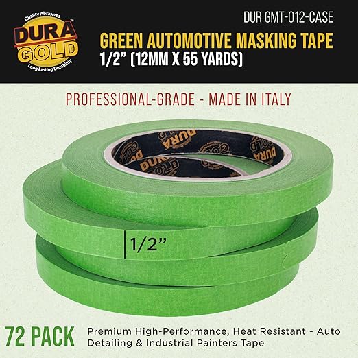 Dura-Gold Green Automotive Masking Tape 1/2 Inch (12mm x 55 Yards), Case of 72 Rolls - Premium High-Performance, Heat Resistant - Auto Refinish Painting, Car Detailing, Autobody Repair, Painters Tape