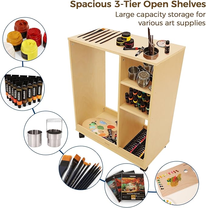 VISWIN Art Cart Organizer, Solid Pine Wood Art Supply Storage Organizer with Caster Wheels, 3-Tier Multifunctional Rolling Utility Storage Cart for Studio, Classroom, Artists - Natural