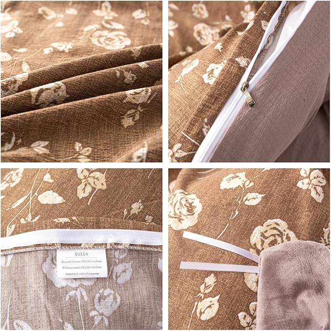 OAITE Brown Flower Queen Size Duvet Cover-3 Pieces Prewashed Cotton-Like - Image 4