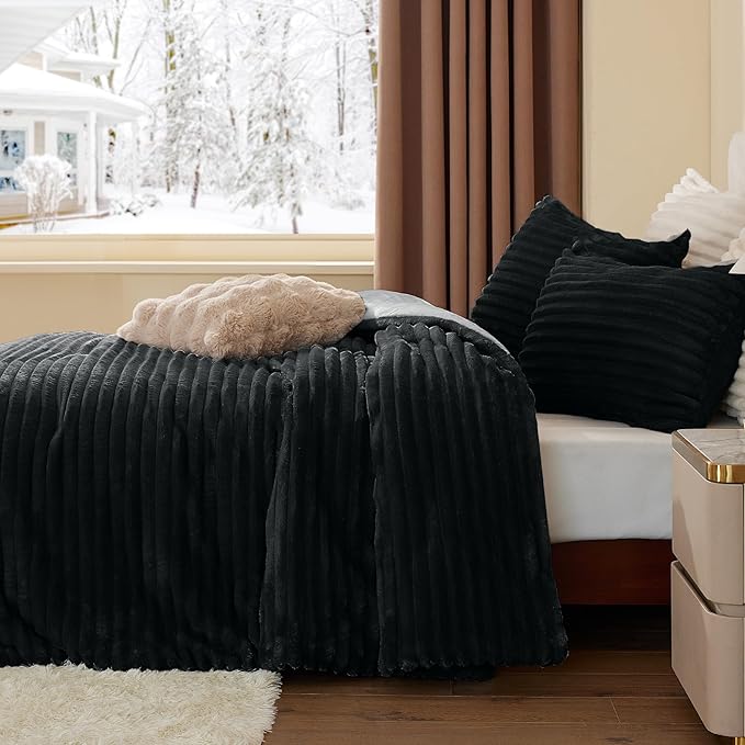 BEDELITE Fleece Queen Comforter Set -Super Soft & Warm Fluffy Black Bedding - Image 4