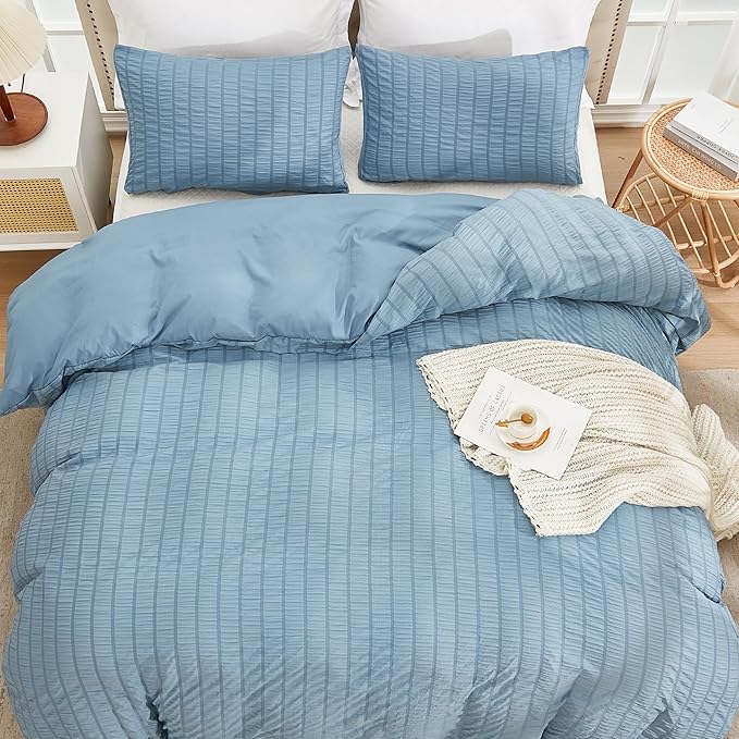 AveLom Grayish Blue Duvet Cover King, 3 Pieces, Seersucker Striped Soft Washed - Image 7