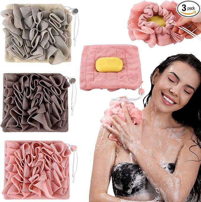3 Pcs Washcloth Loofah Combo, 2 in 1 Bath Loofah Sponge by Swiffen