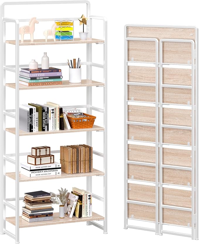 4NM No Assembly 5 Tiers Folding Bookshelf Storage Shelves Vintage Bookcase Standing Racks Study Organizer Home Office (Natural White)