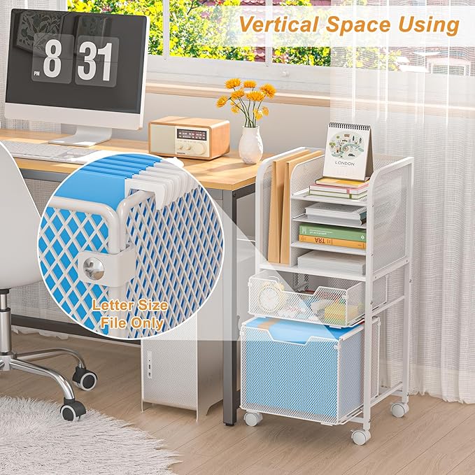 Feyejade Rolling File Cart with 2 Drawers, White File Cabinet Organizer for Hanging File Folders, Letter-Size File Storage with Wheels, Multi-Layer Mobile Filing Cabinet for Office and Home, White