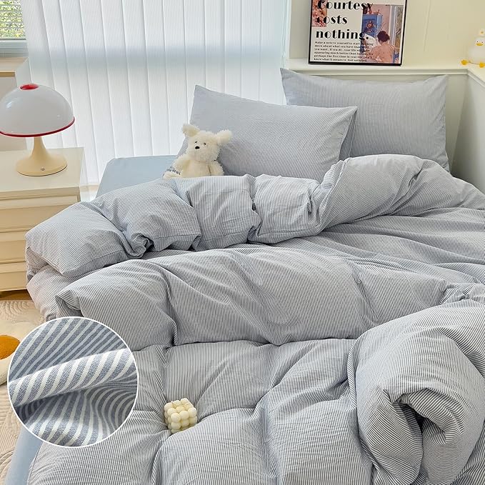 mixinni Striped Duvet Cover Set- 100% Washed Cotton Blue Comforter Cover - Image 2