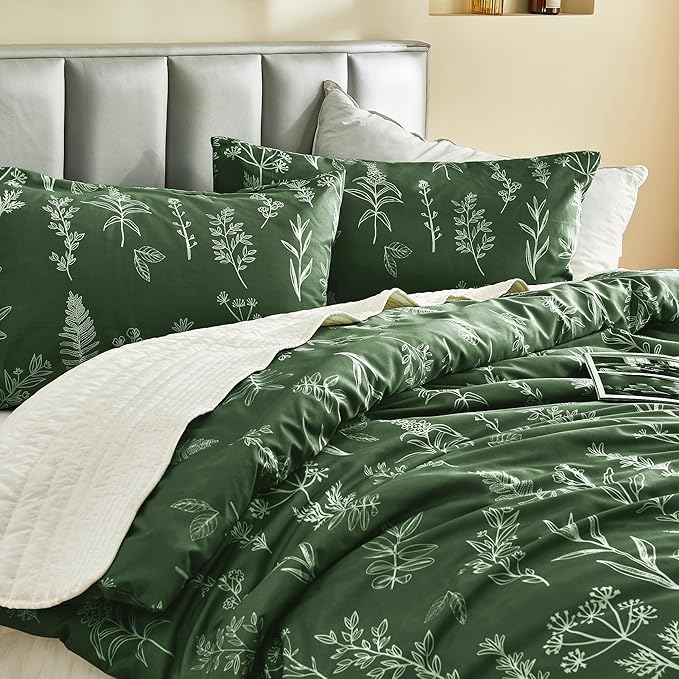 MUXHOMO Duvet Cover Queen Size, Reversible Floral Dark Green Duvet Cover Set - Image 6