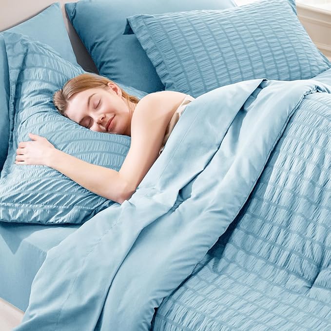 CozyLux King Size Comforter Set Sky Blue Seersucker 7 Pieces Bed in a Bag King - Image 5